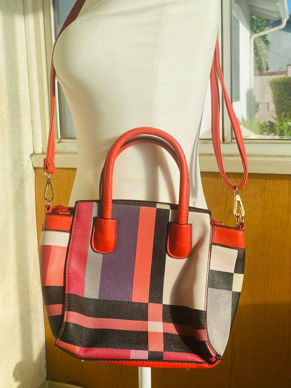 Coral Red Plaid Structured Satchel Crossbody Top Handle Handbag Purse - Picture 2 of 13